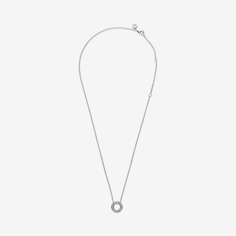 Sterling Silver Pandora Logo Pavé Circle Collier Chain Necklaces | RDBLPS-028