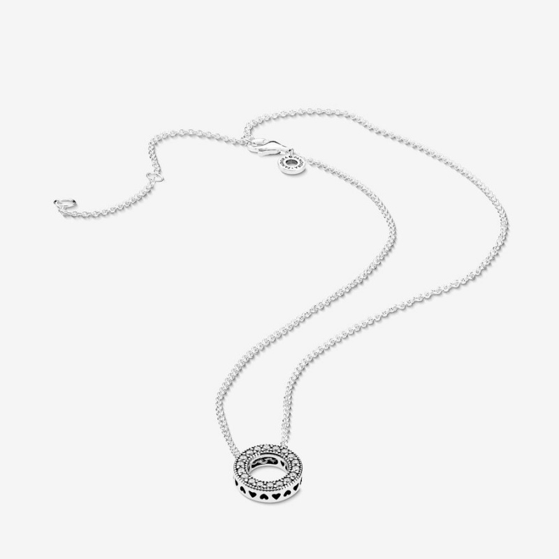 Sterling Silver Pandora Logo Pavé Circle Collier Chain Necklaces | RDBLPS-028