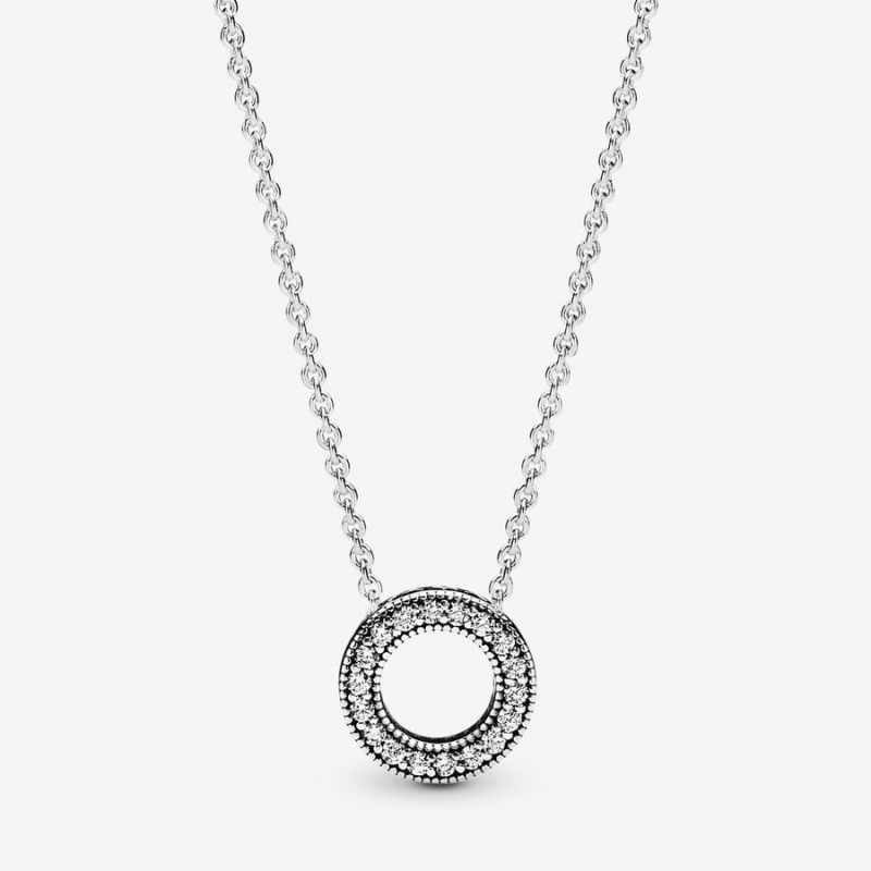 Sterling Silver Pandora Logo Pavé Circle Collier Chain Necklaces | RDBLPS-028