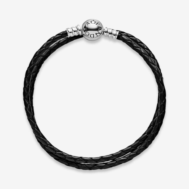 Sterling Silver Pandora Moments Double Black Leather Charm Bracelets | TQPMCX-794