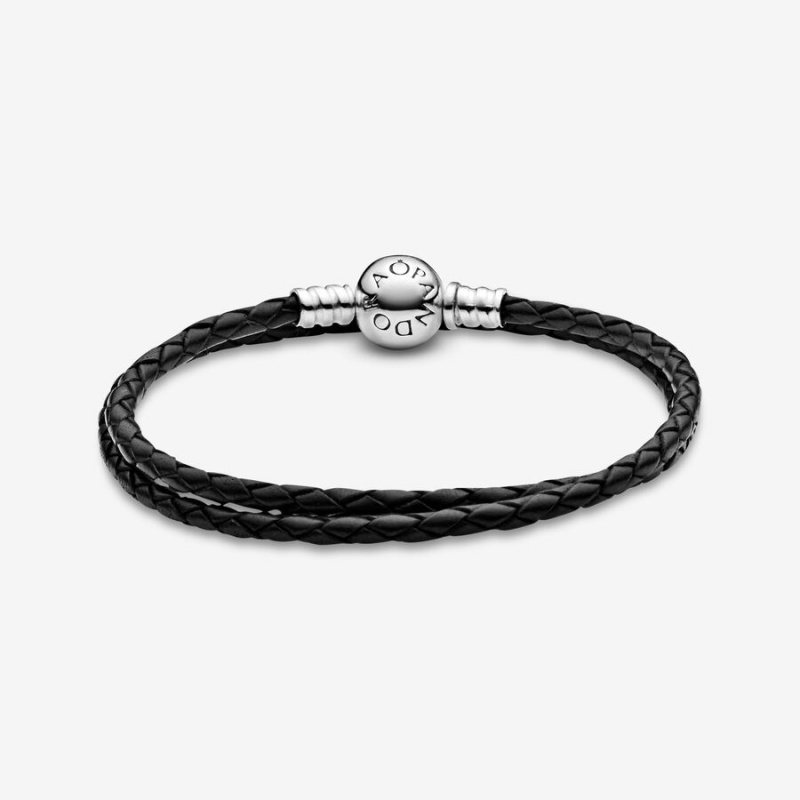 Sterling Silver Pandora Moments Double Black Leather Charm Bracelets | TQPMCX-794