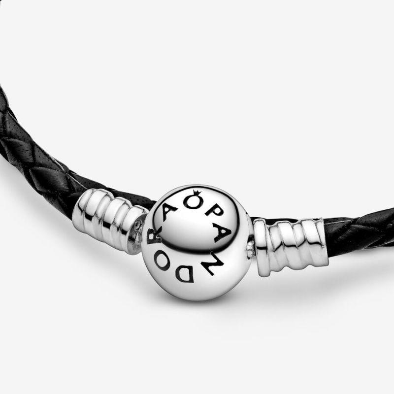 Sterling Silver Pandora Moments Double Black Leather Charm Bracelets | TQPMCX-794