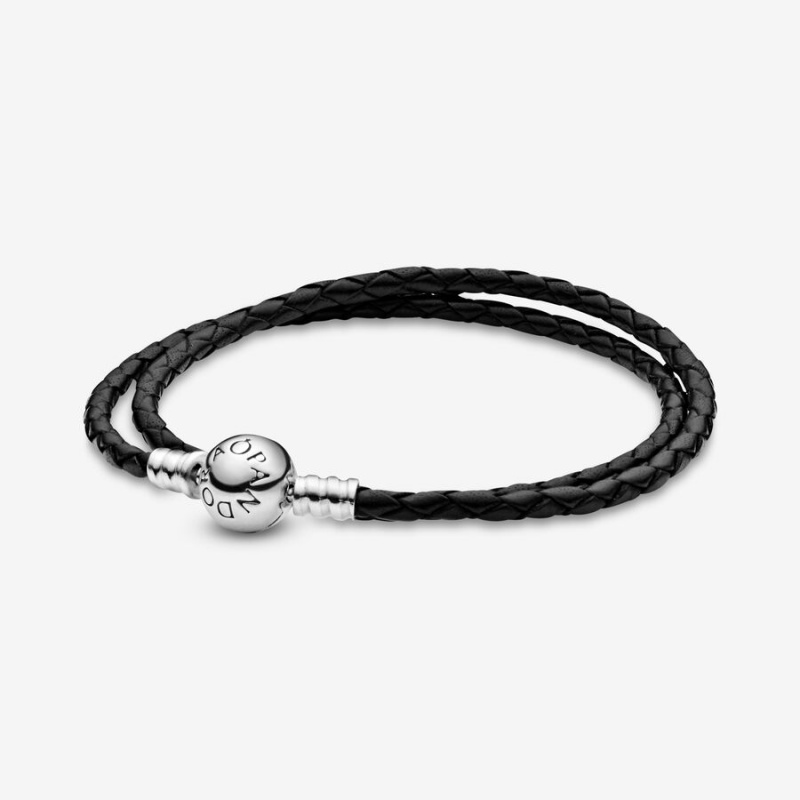 Sterling Silver Pandora Moments Double Black Leather Charm Bracelets | TQPMCX-794