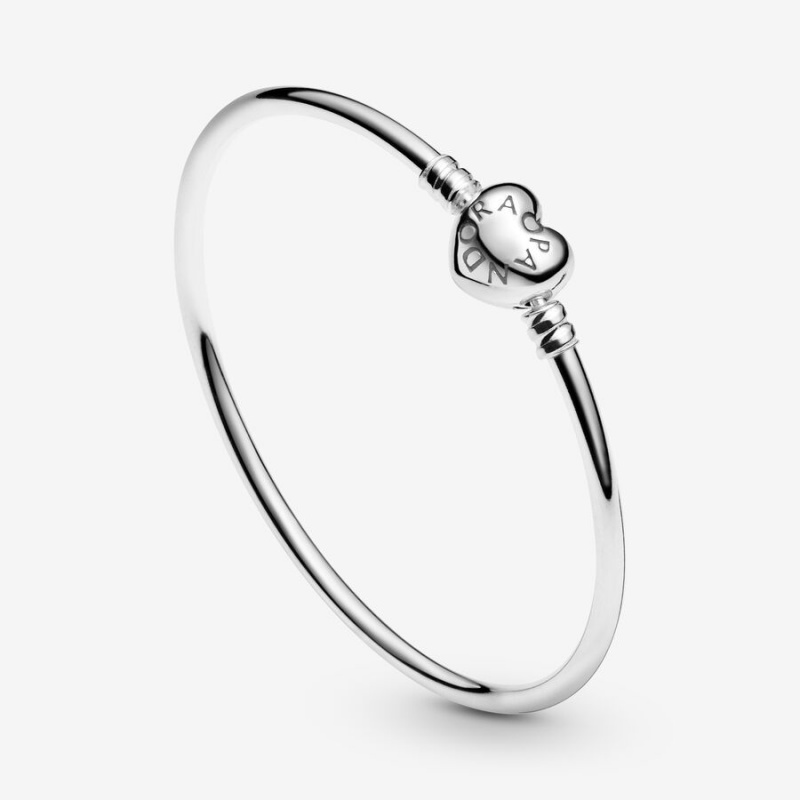 Sterling Silver Pandora Moments Heart Clasp Bangle Charm Bracelets | SEGHMF-751