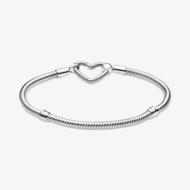 Sterling Silver Pandora Moments Heart Closure Snake Charm Bracelets | SZWNUP-025