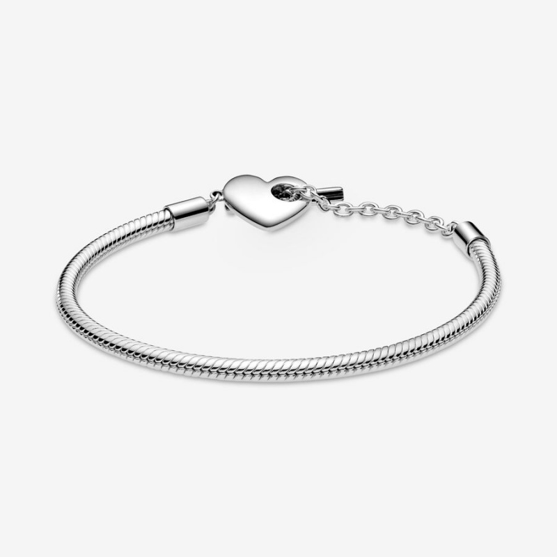 Sterling Silver Pandora Moments Heart T-Bar Snake Charm Bracelets | NSQMHY-064