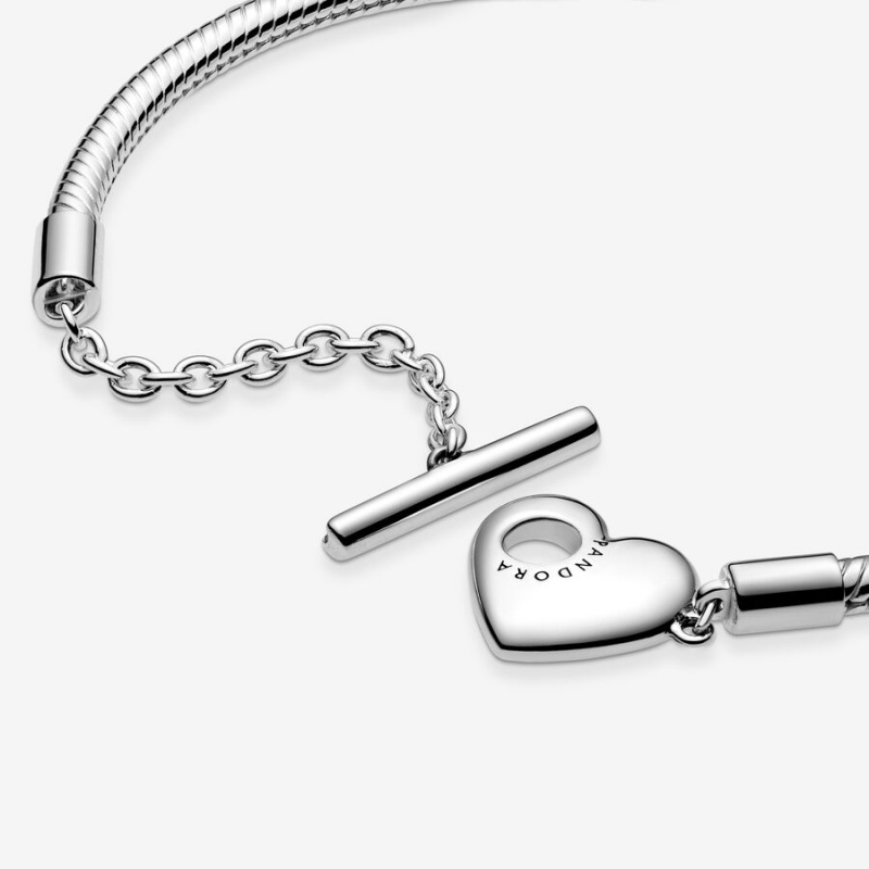 Sterling Silver Pandora Moments Heart T-Bar Snake Charm Bracelets | NSQMHY-064