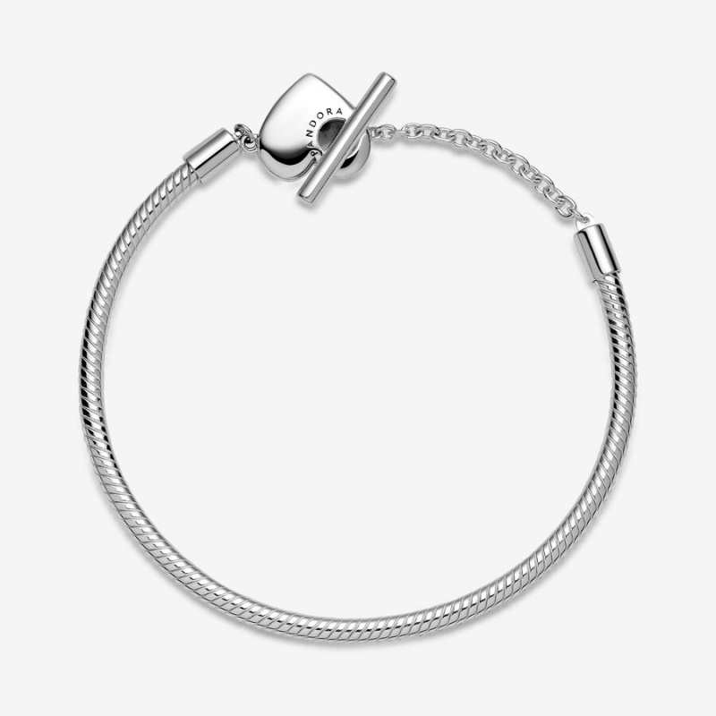 Sterling Silver Pandora Moments Heart T-Bar Snake Charm Bracelets | NSQMHY-064