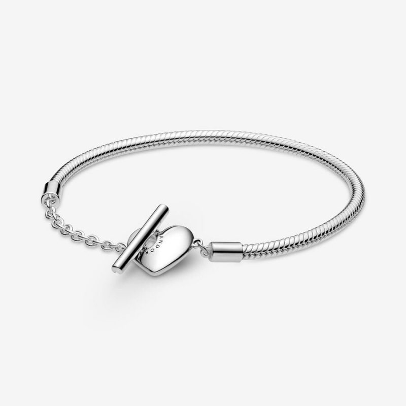 Sterling Silver Pandora Moments Heart T-Bar Snake Charm Bracelets | NSQMHY-064