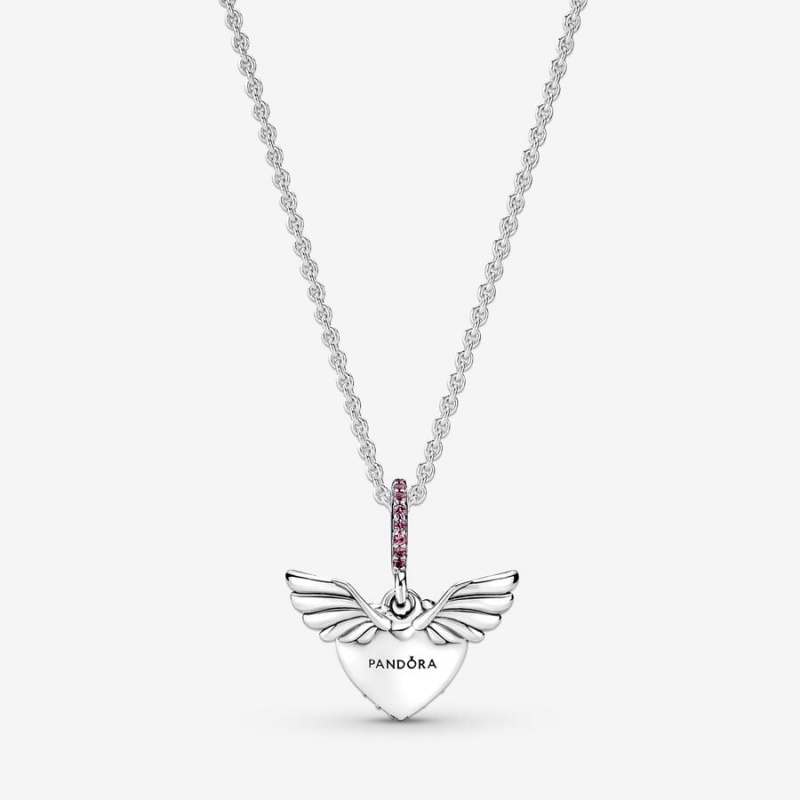 Sterling Silver Pandora Pavé Heart & Angel Wings Pendant Necklaces | MUKTAV-038