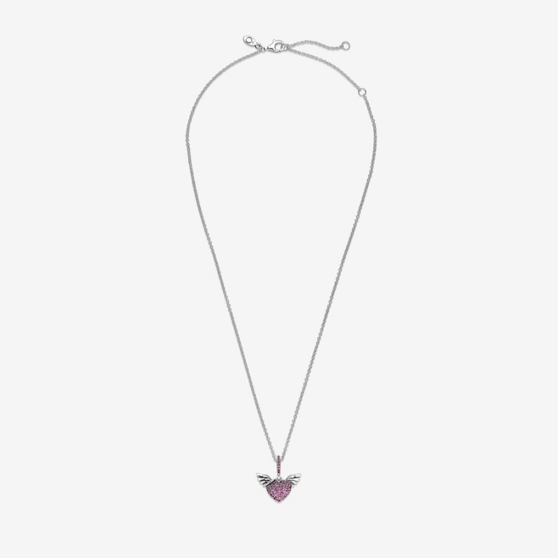 Sterling Silver Pandora Pavé Heart & Angel Wings Pendant Necklaces | MUKTAV-038