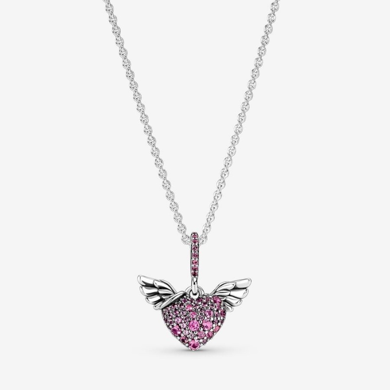 Sterling Silver Pandora Pavé Heart & Angel Wings Pendant Necklaces | MUKTAV-038