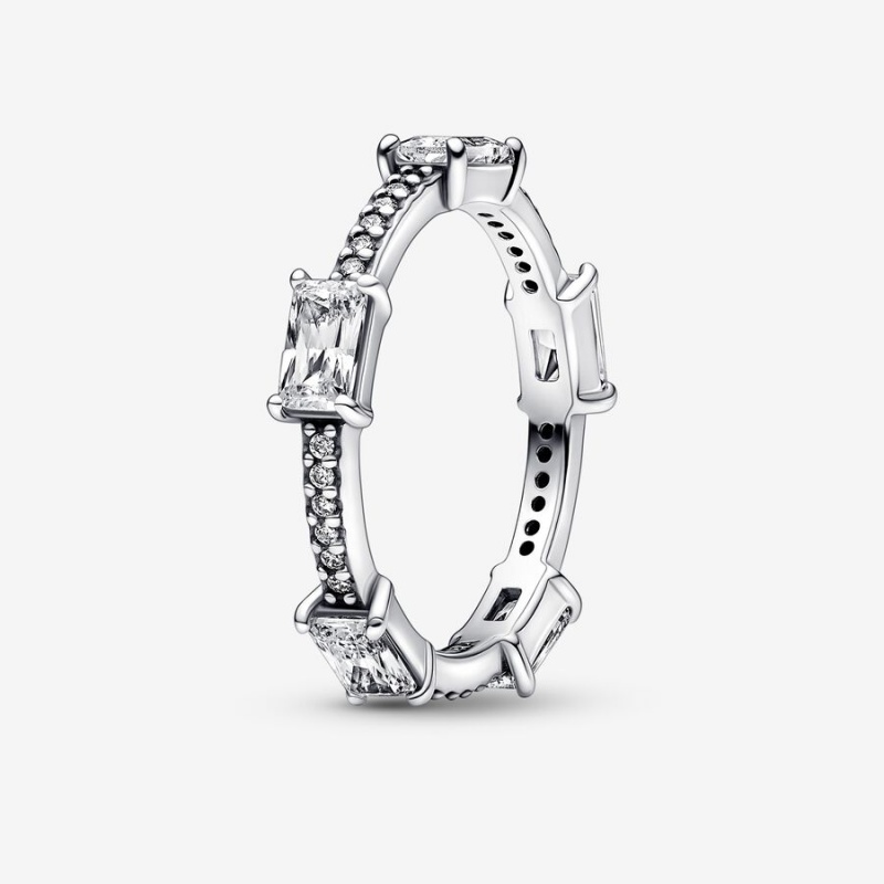 Sterling Silver Pandora Rectangular Bars Sparkling Pavé Stackable Rings | ZTMODL-587