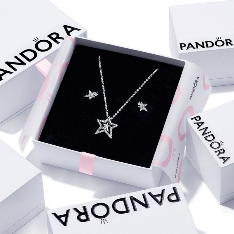 Sterling Silver Pandora Sparkling Asymetric Star Jewelry Gift Set Pendant Necklaces | ZOYVTM-291