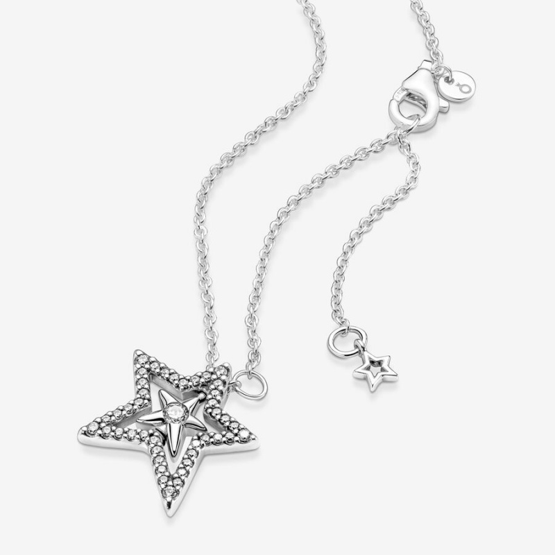 Sterling Silver Pandora Sparkling Asymetric Star Jewelry Gift Set Pendant Necklaces | ZOYVTM-291