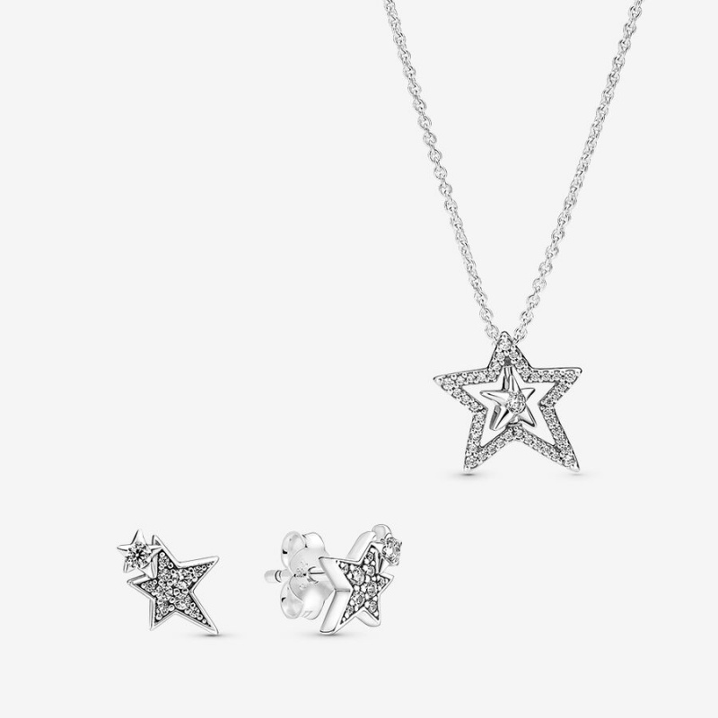 Sterling Silver Pandora Sparkling Asymetric Star Jewelry Gift Set Pendant Necklaces | ZOYVTM-291