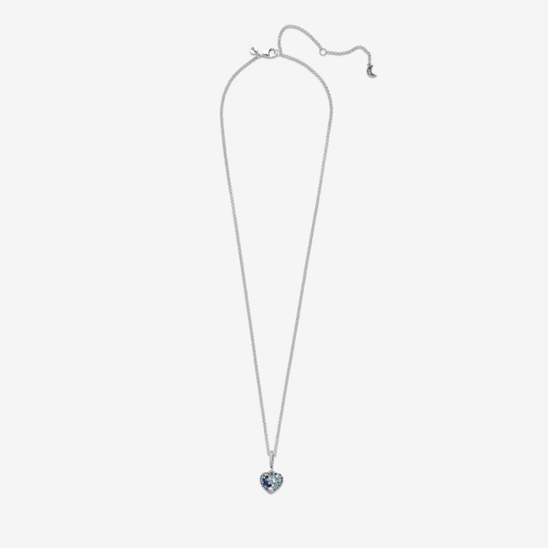 Sterling Silver Pandora Sparkling Blue Moon & Stars Heart Pendant Necklaces | UVWSZI-315