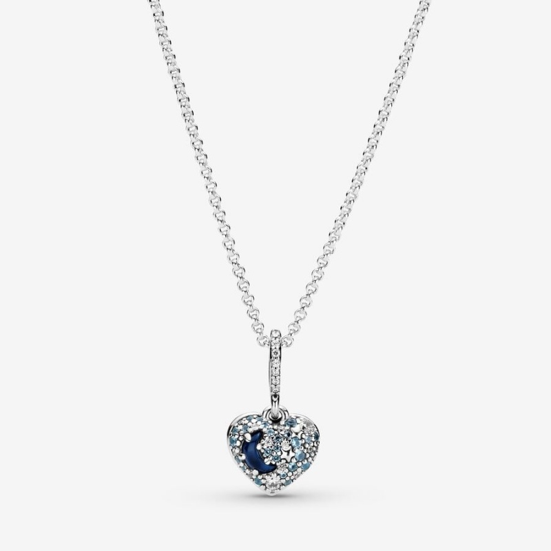 Sterling Silver Pandora Sparkling Blue Moon & Stars Heart Pendant Necklaces | UVWSZI-315