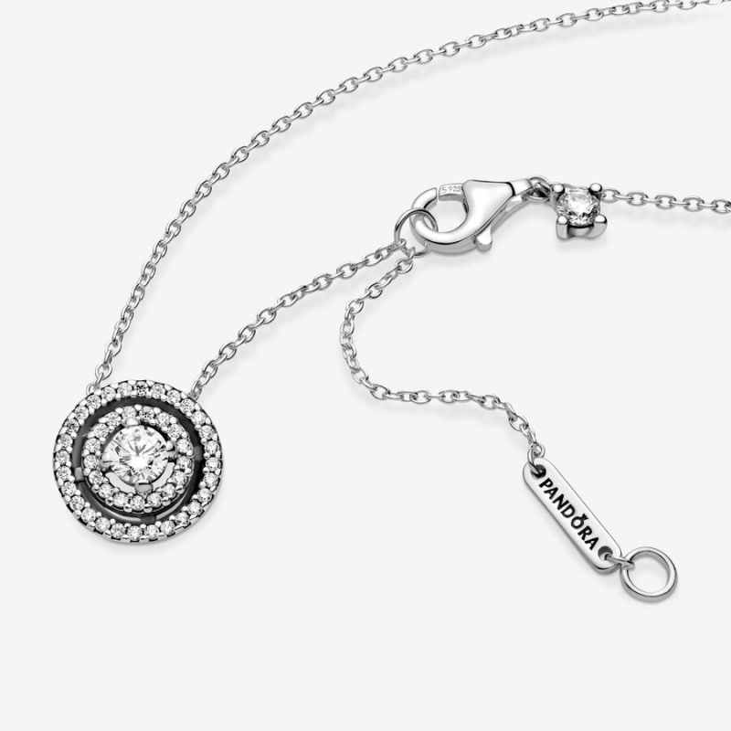 Sterling Silver Pandora Sparkling Double Halo Collier Pendant Necklaces | RVBFNM-014