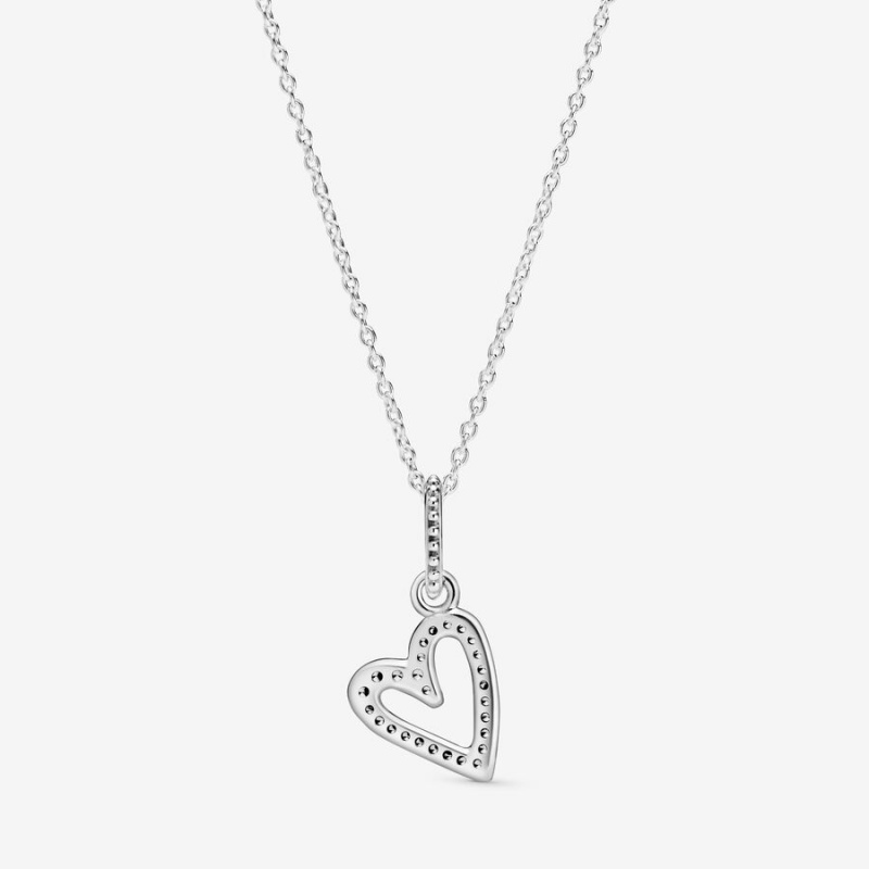 Sterling Silver Pandora Sparkling Freehand Heart Pendant Necklaces | TFDGIU-846