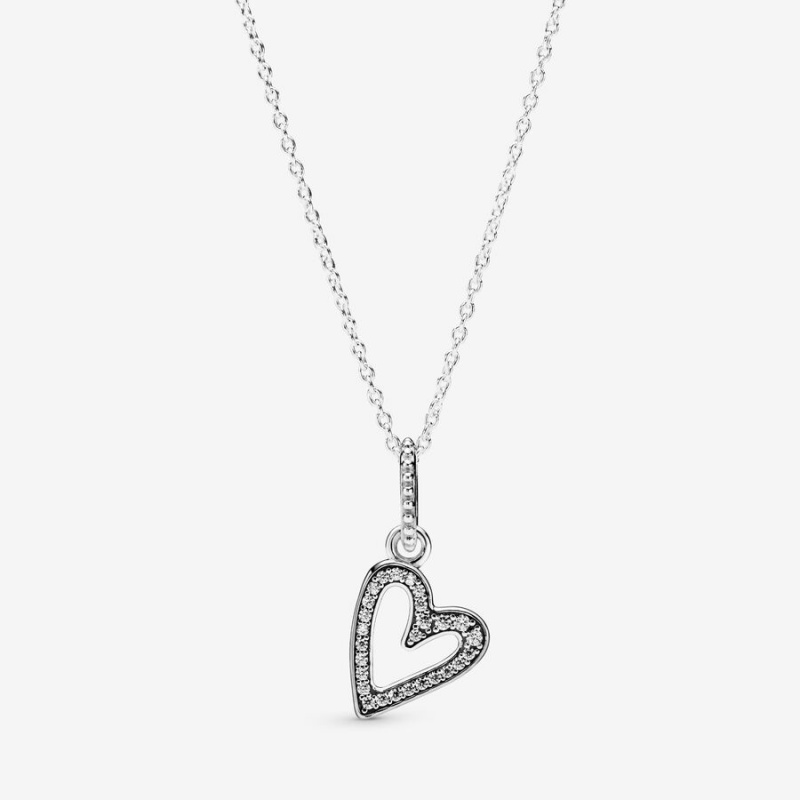 Sterling Silver Pandora Sparkling Freehand Heart Pendant Necklaces | TFDGIU-846