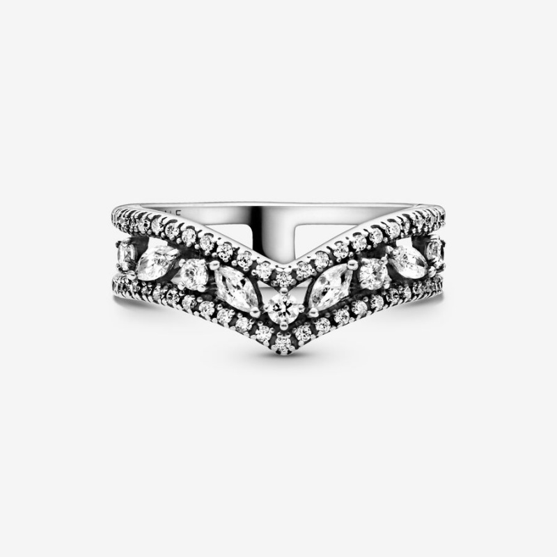 Sterling Silver Pandora Sparkling Marquise Double Wishbone Statement Rings | XKPIAM-256