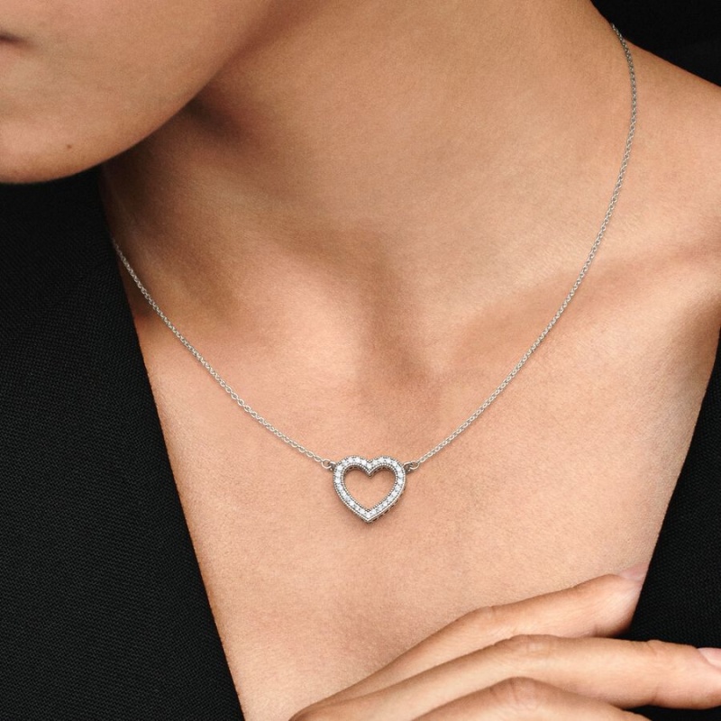 Sterling Silver Pandora Sparkling Open Heart Chain Necklaces | EZSTRA-439