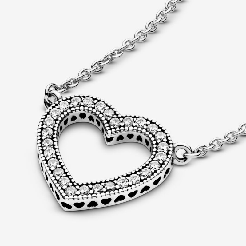 Sterling Silver Pandora Sparkling Open Heart Chain Necklaces | EZSTRA-439