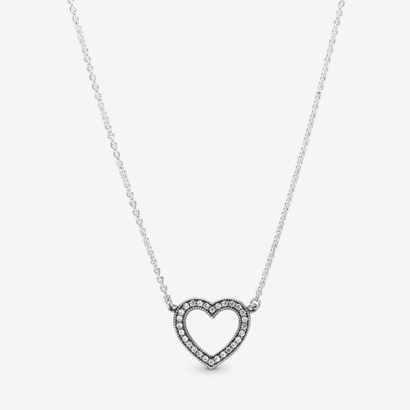 Sterling Silver Pandora Sparkling Open Heart Chain Necklaces | EZSTRA-439