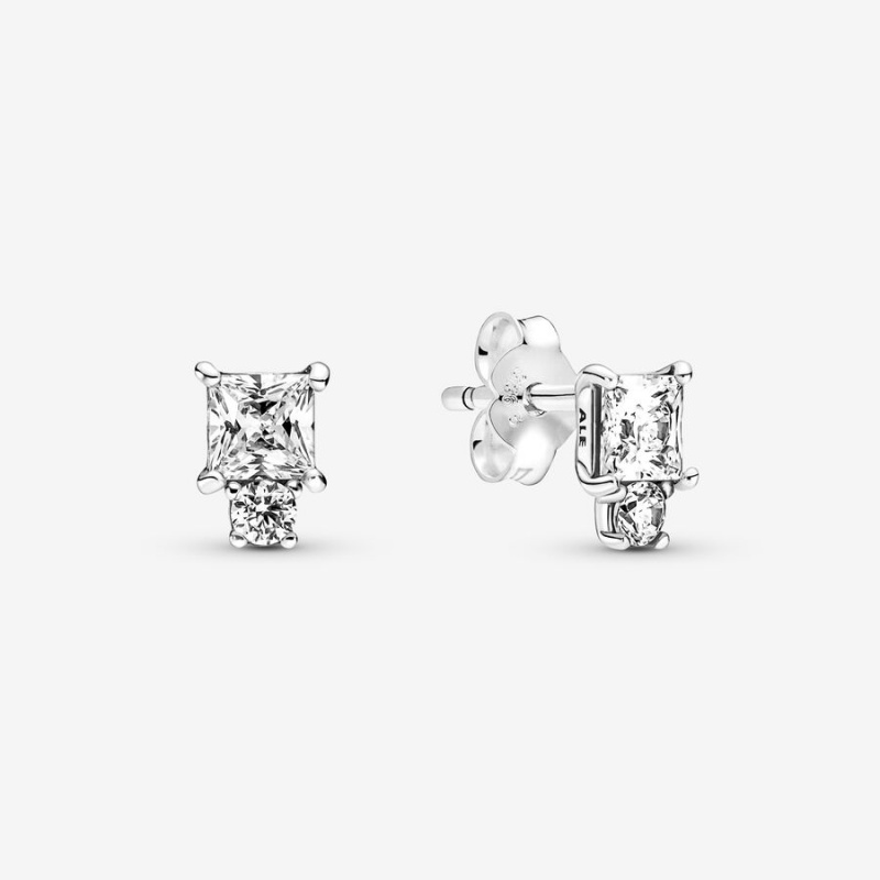 Sterling Silver Pandora Sparkling Round & Square Stud Earrings | LFJYGX-346