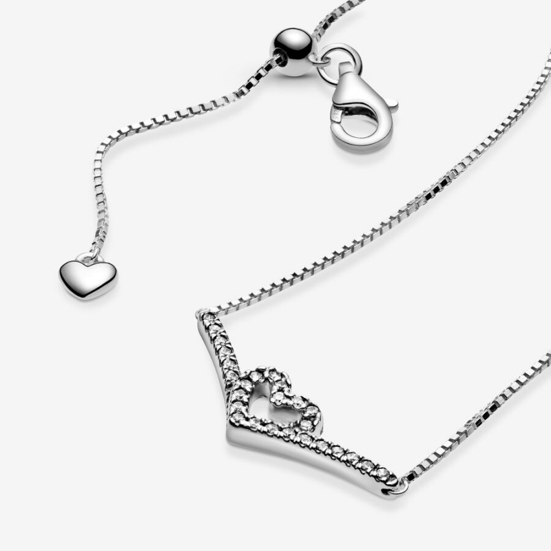 Sterling Silver Pandora Sparkling Wishbone Heart Collier Pendant Necklaces | FNOKYD-451