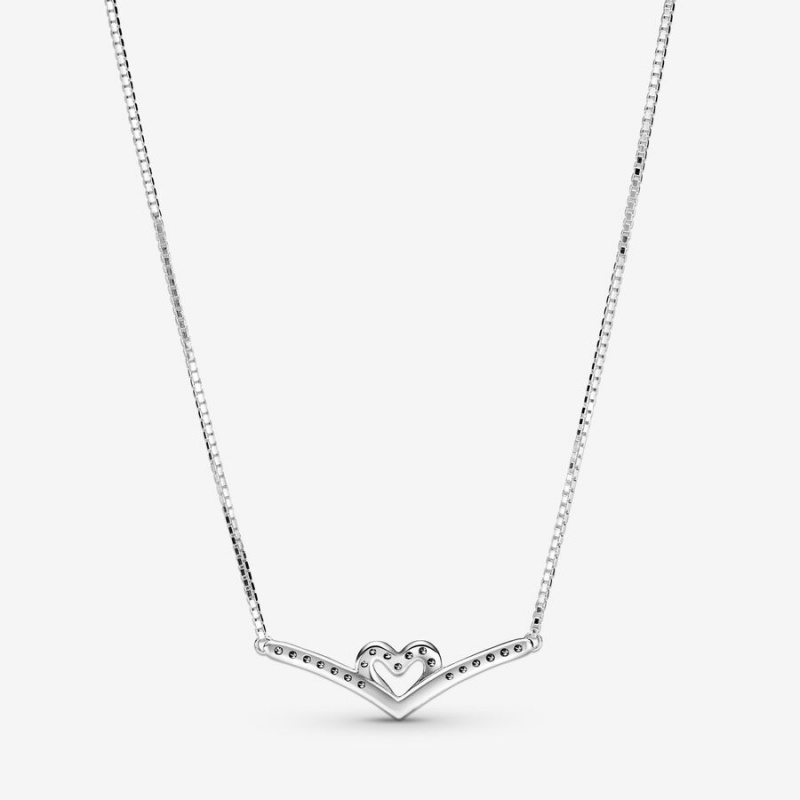 Sterling Silver Pandora Sparkling Wishbone Heart Collier Pendant Necklaces | FNOKYD-451