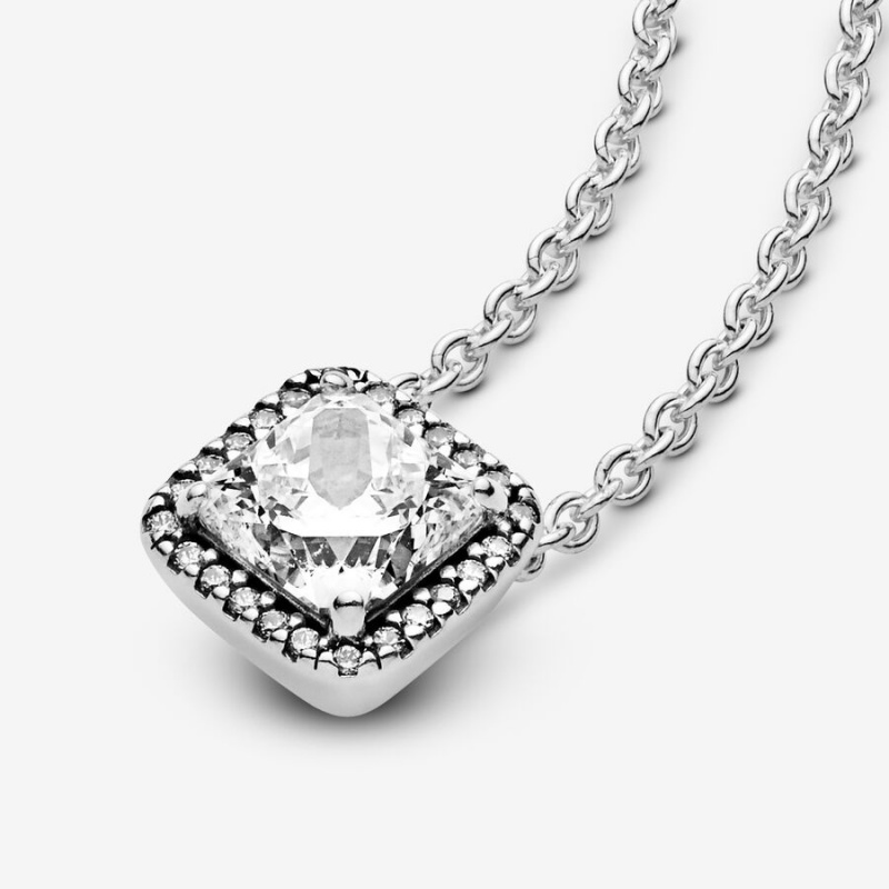 Sterling Silver Pandora Square Sparkle Halo Chain Necklaces | CDLIPF-310