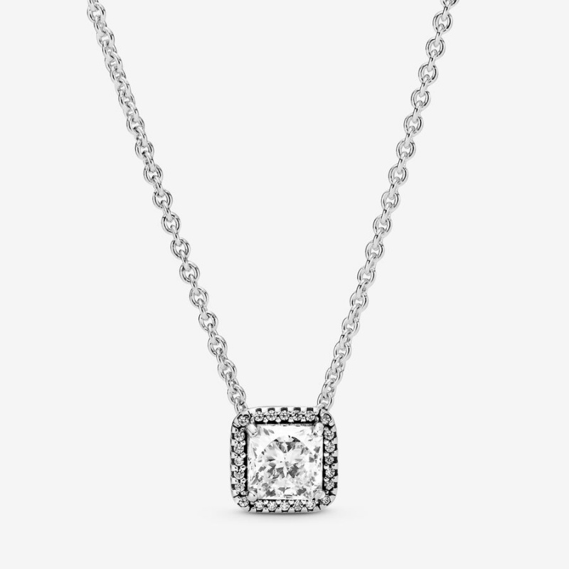 Sterling Silver Pandora Square Sparkle Halo Chain Necklaces | CDLIPF-310