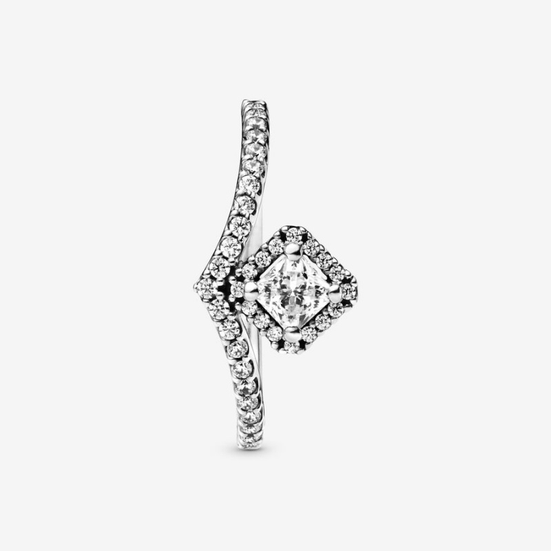 Sterling Silver Pandora Square Sparkle Wishbone Statement Rings | GJFLDM-174