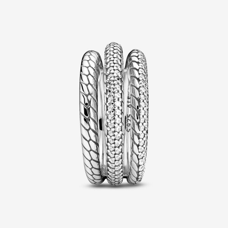 Sterling Silver Pandora Triple Band Pavé Snake Chain Pattern Statement Rings | IMSOJL-826