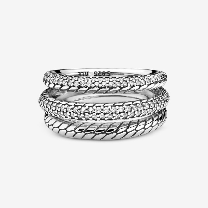 Sterling Silver Pandora Triple Band Pavé Snake Chain Pattern Statement Rings | IMSOJL-826