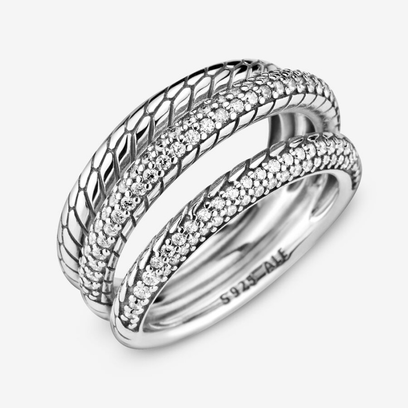 Sterling Silver Pandora Triple Band Pavé Snake Chain Pattern Statement Rings | IMSOJL-826