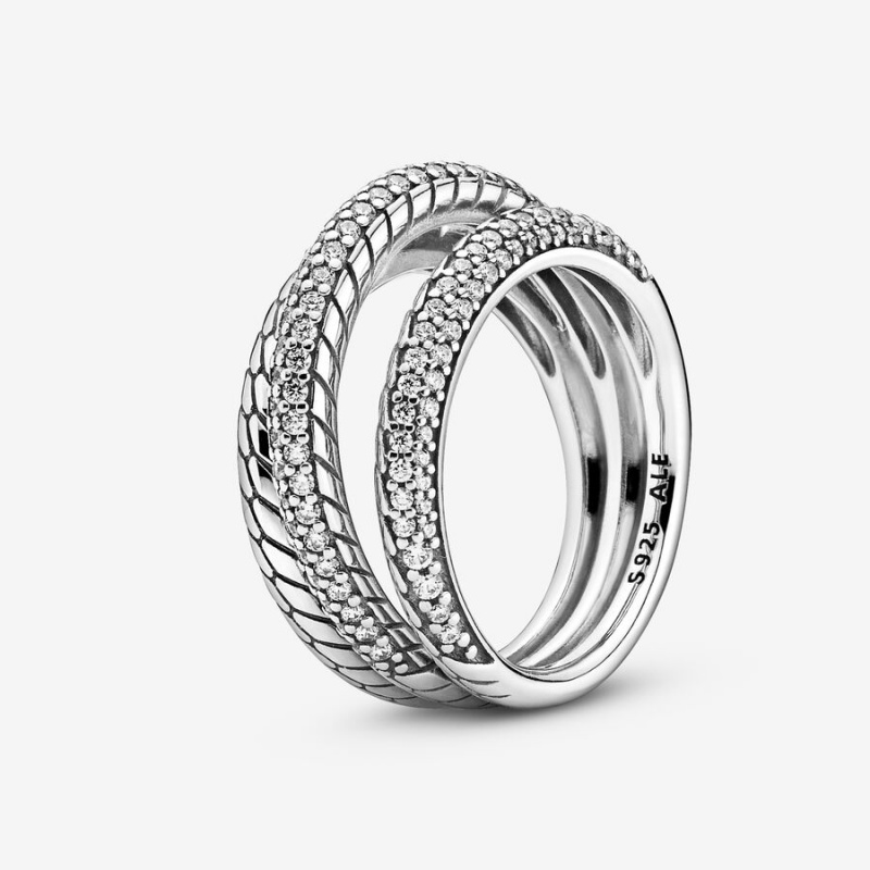 Sterling Silver Pandora Triple Band Pavé Snake Chain Pattern Statement Rings | IMSOJL-826