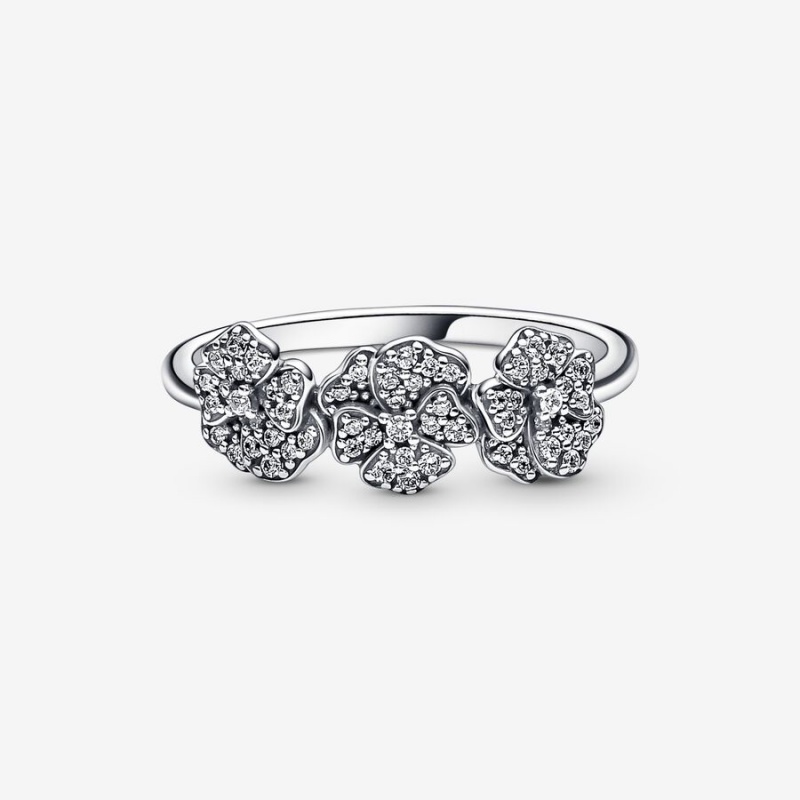 Sterling Silver Pandora Triple Pansy Flower Statement Rings | UHWTYI-815