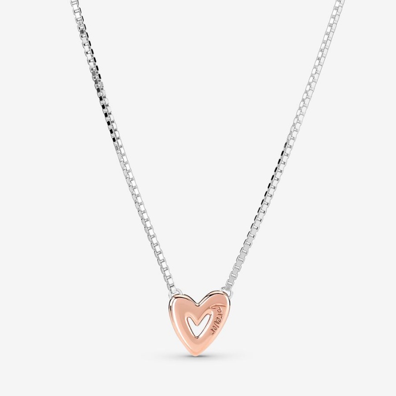 Two-tone Pandora Sparkling Freehand Heart Pendant Necklaces | OKFPVQ-309