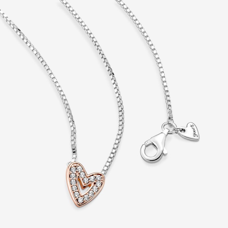 Two-tone Pandora Sparkling Freehand Heart Pendant Necklaces | OKFPVQ-309